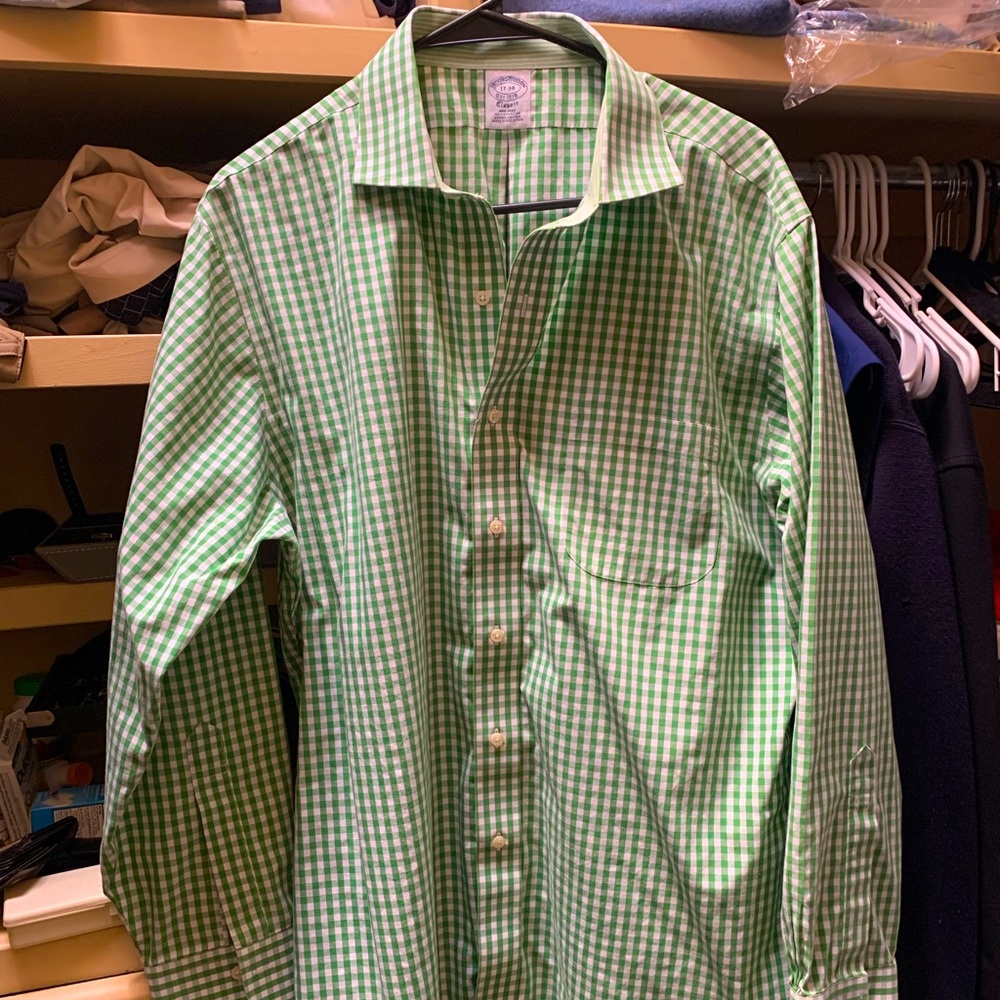 Brooks Brothers - 17-34 Green and white non-iron dress shirt